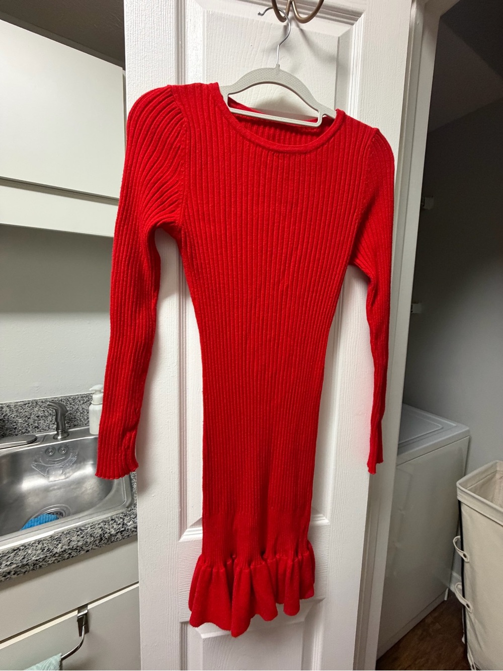 SHEIN Red Ribbed Long-Sleeve Ruffle-Hem Dress